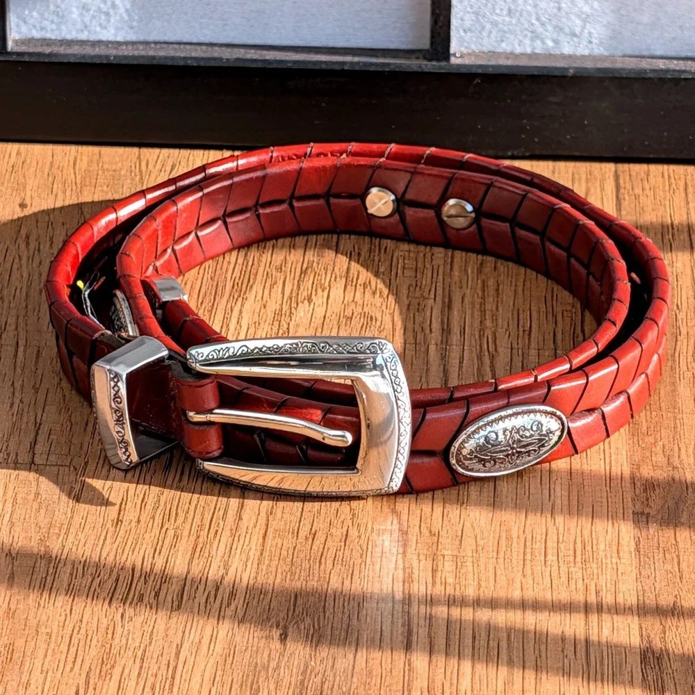 Brighton Red Brown Braided Leather Belt Silver Conchos Engraved Buckle 33
